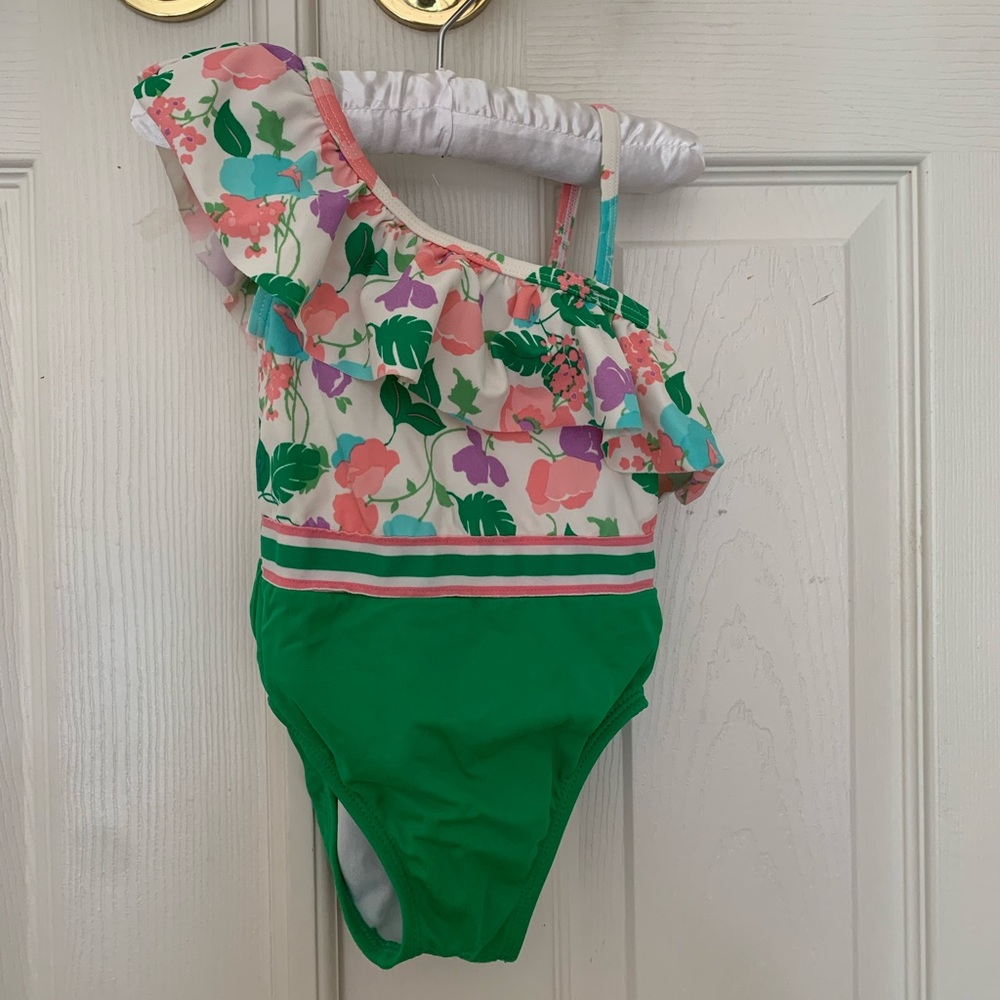 Janie and Jack Pink and Green floral girls swimsuit 18-24 months one shoulder